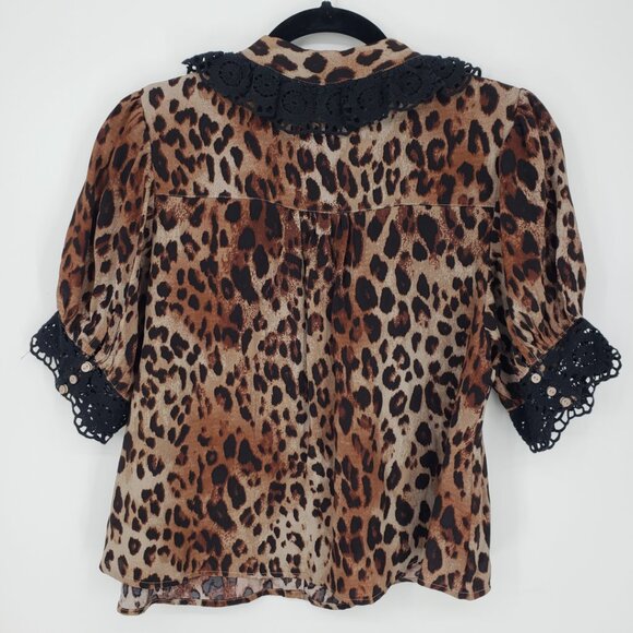 Free People My Love Leopard Print Blouse Top XS Lace Trim Cropped Black Brown - Picture 4 of 10
